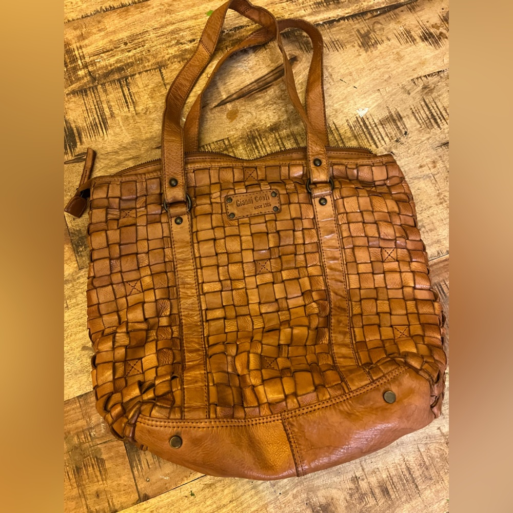 Gianni Conti Vera Pelle genuine Leather Handbag Woven Braided Purse Brown